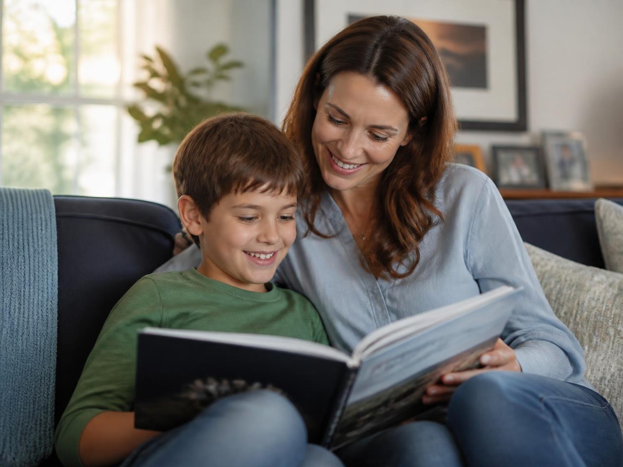 A mother and her young son sitting on the couch reading a book together and smiling